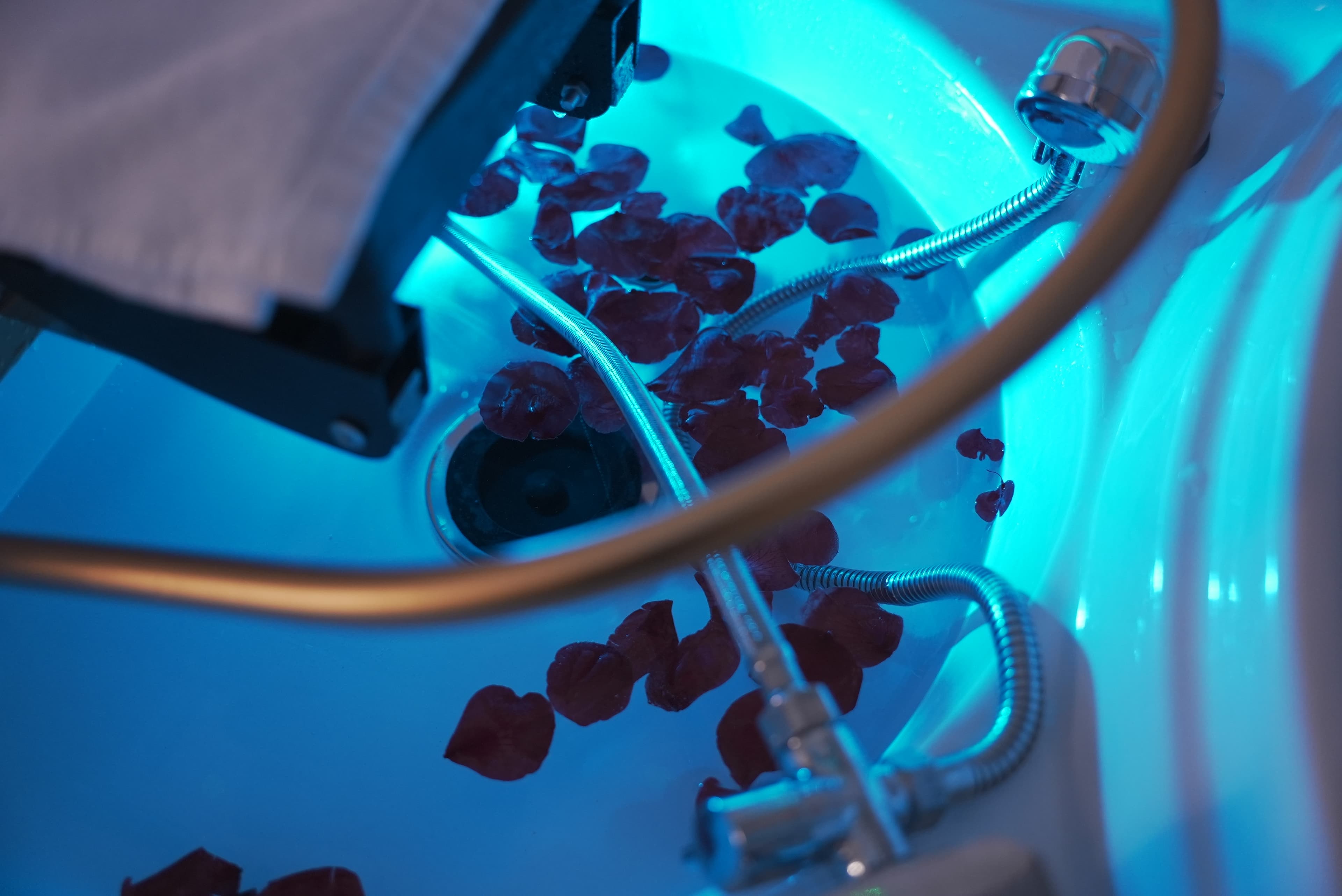 Luxury head spa basin with rose petals and ambient teal lighting