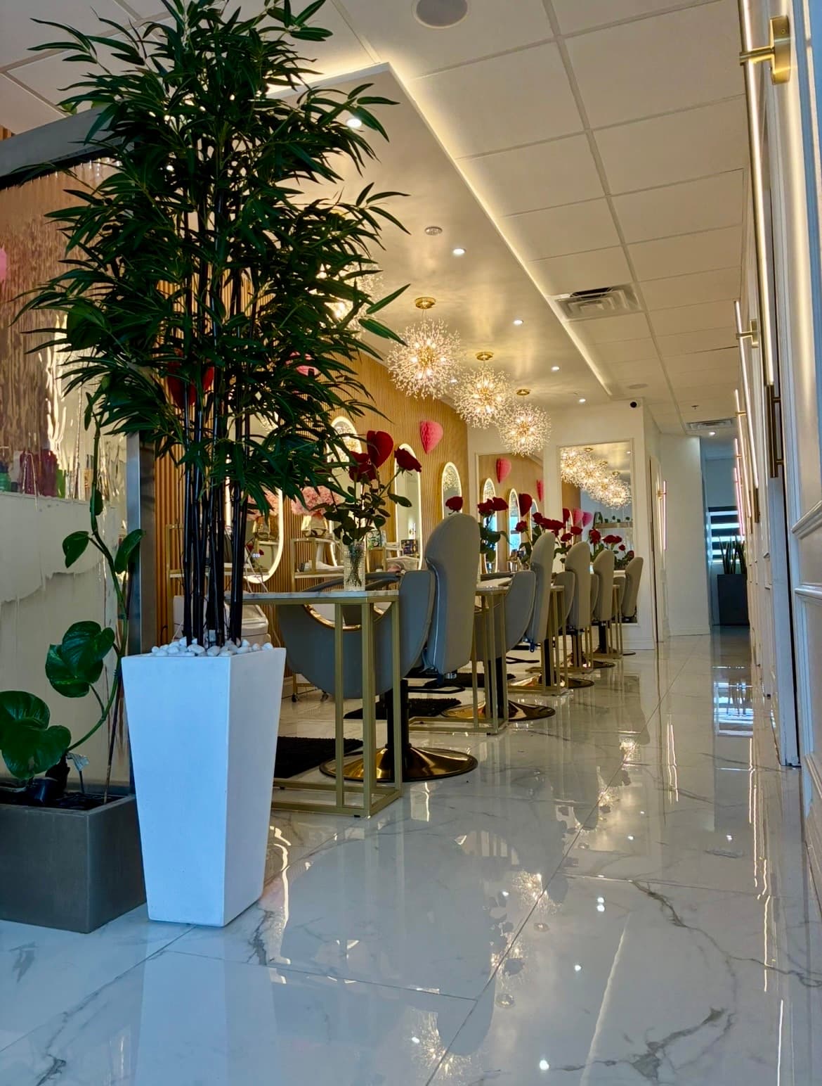 Bright head spa salon floor with plants and chandeliers