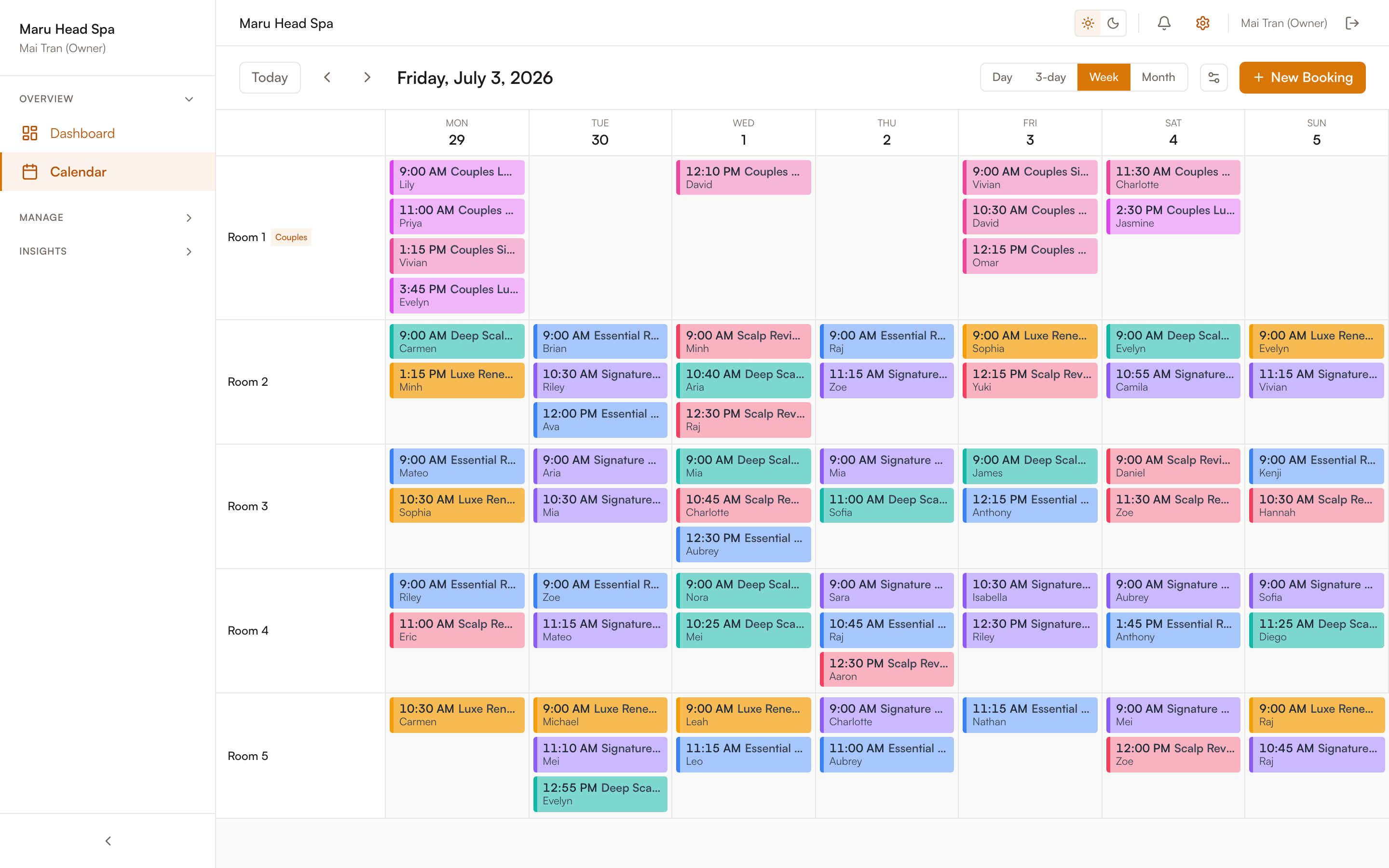 The Scalp Boss calendar showing a week of appointments laid out by treatment room
