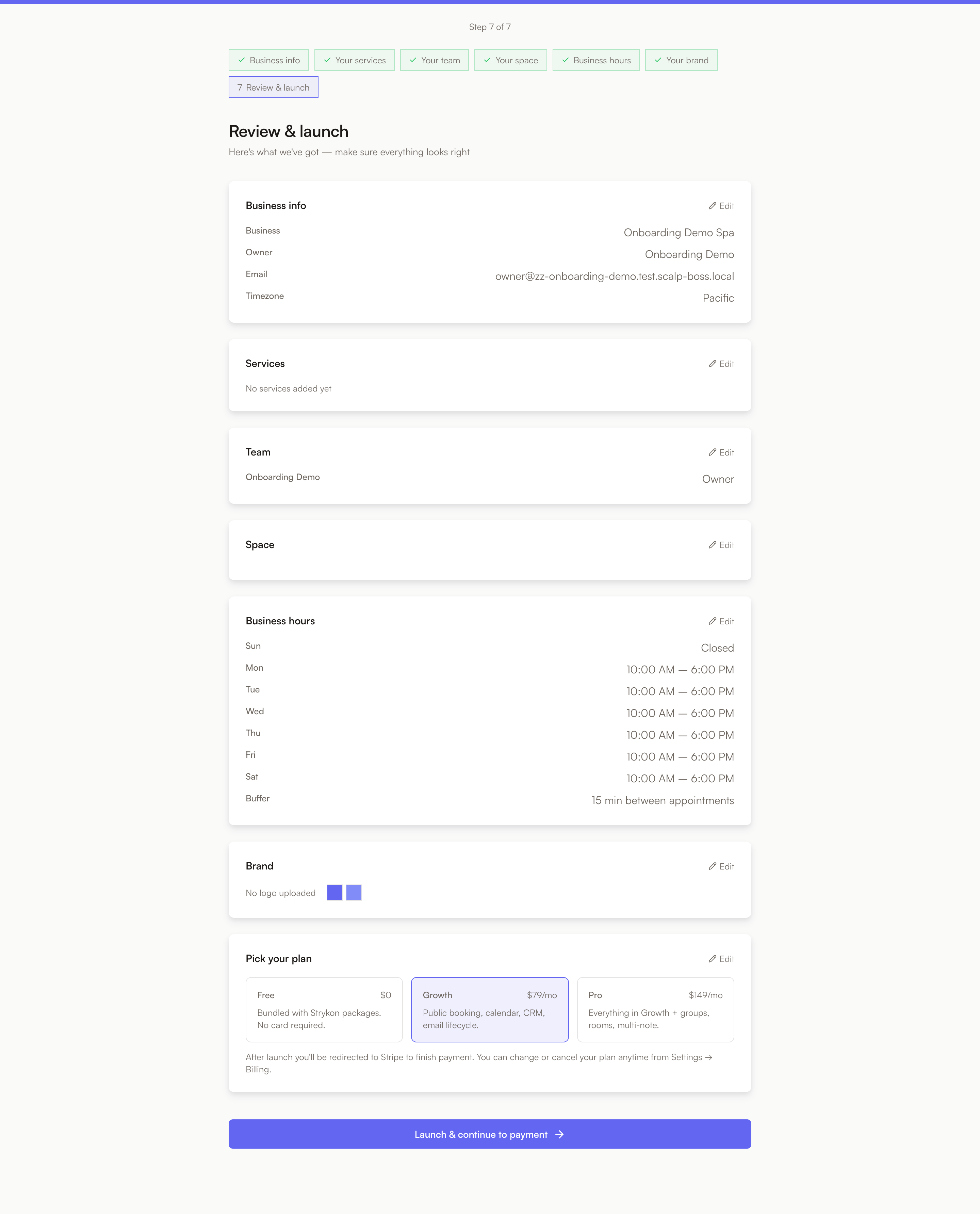 The Scalp Boss onboarding review-and-launch step